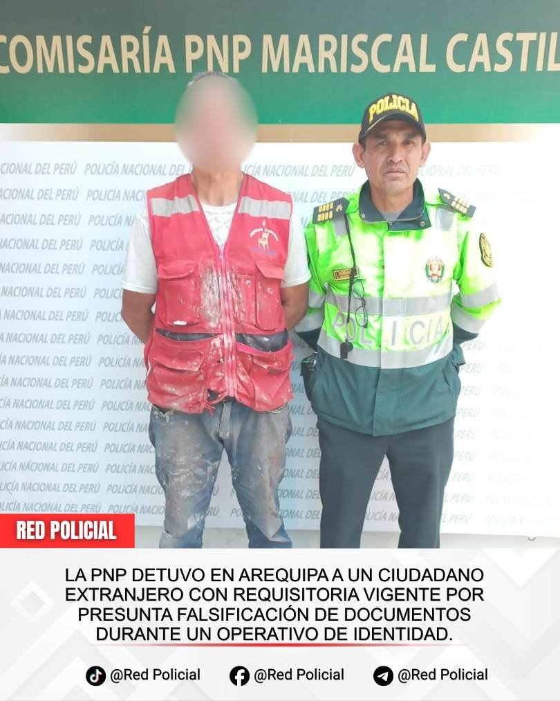 Imagen: La PNP detuvo en Arequipa a un ciudadano extranjero con requisitoria vigente por presunta falsificación de documentos durante un operativo de identidad. 