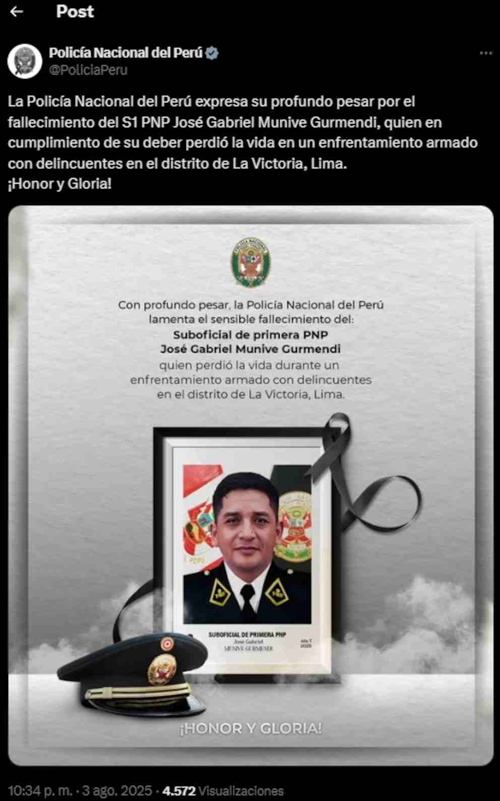 Archivo tipo Imagen sobre: Mensaje de la Policía Nacional del Perú que lamenta informar el sensible fallecimiento del Suboficial José Gabriel Munive Gurmendi 