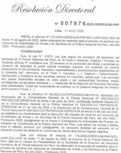Archivo tipo Imagen sobre: Resolución Directoral Nº 007876-2025-DIRREHUM-PNP - Vacantes de Ascenso para Suboficiales PNP promoción 2026 