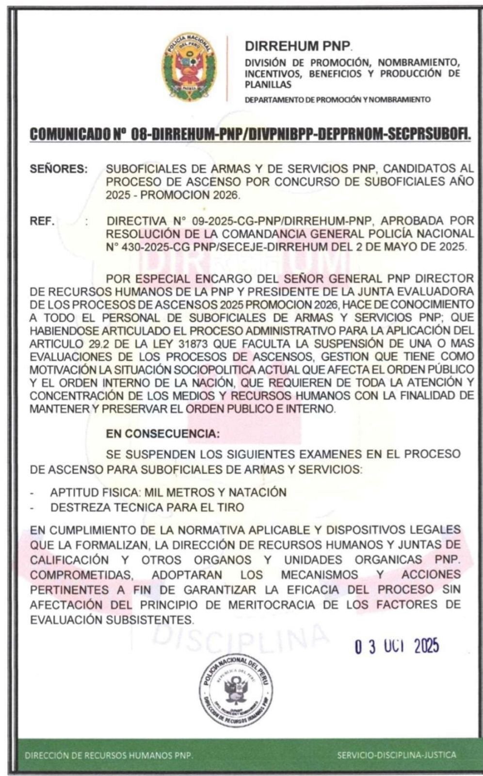 Archivo tipo Imagen sobre: Suspenden Exámenes Físicos y Tiro – Ascenso PNP 2025-2026 