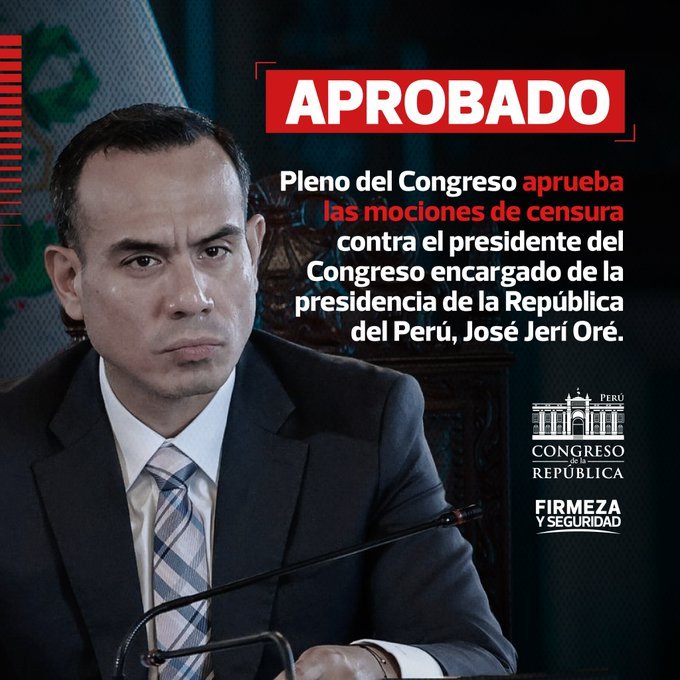 Archivo tipo Imagen sobre: El Pleno del Congreso, en sesión extraordinaria, aprobó las mociones de censura contra el presidente del Congreso de la República encargado de la presidencia de la República del Perú, José Jerí. 